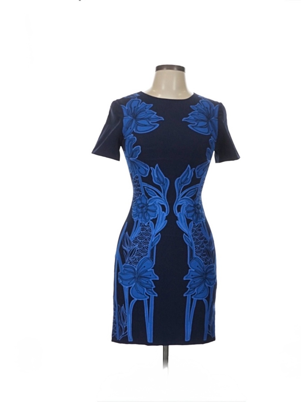 KAREN MILLEN Size 4 Navy Blue Appliqué Floral Sheath Wedding Guest  Dress
